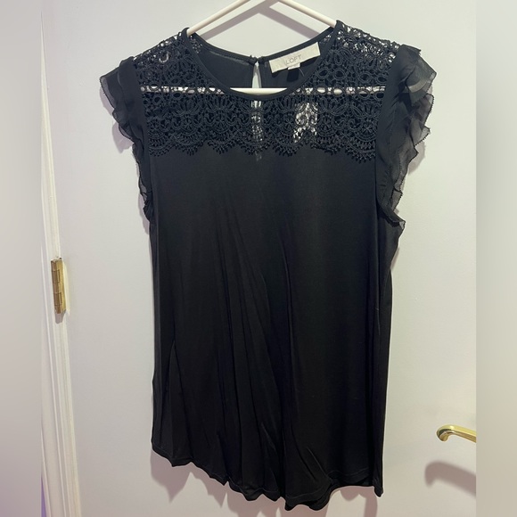 NWT Ann Taylor Loft Black Short Sleeve Blouse With Ruffle & Lace Detailing - Picture 2 of 7